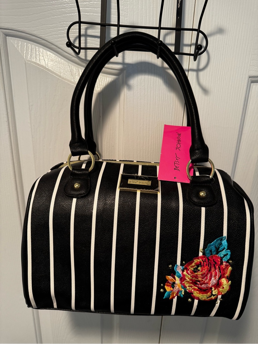 Betsey Johnson Black & White Striped Satchel with Multicolor Floral Embroidery